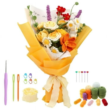 DIY Crochet Flower Kits for Beginner, Including Yarn, Crochet Hook, Needle, Knitting Marker, Step-by-Step Instruction