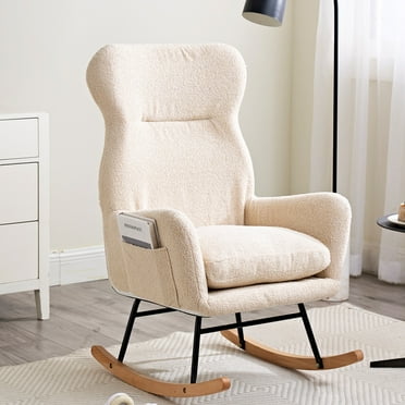 Tcbosik Rocking Chair with Side Pocket, Upholstered Teddy Fabric Glider Chair with High Backrest, Accent Reading Armchair for Living Room Bedroom Nursery, Beige