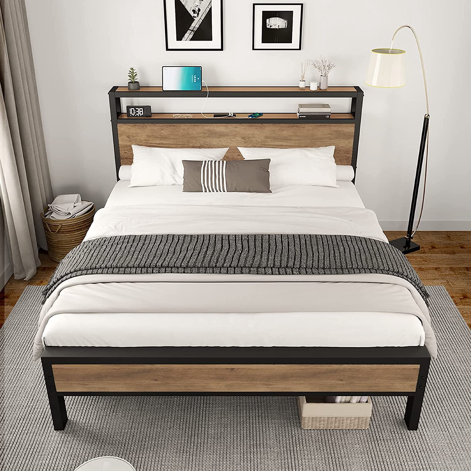 VANACC Queen Size Bed Frame Industrial Platform Bed with Charging Station, 2-Tier Storage Headboard/ No Box Spring Needed/ Noise-Free/ Rustic Brown
