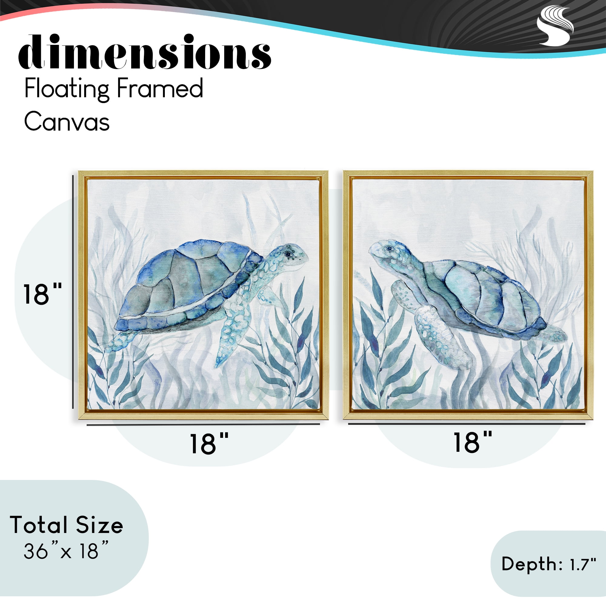Stupell Industries Subtle Smiling Sea Turtles 2 Piece Gold Framed Floater Canvas Set, design by Janet Tava