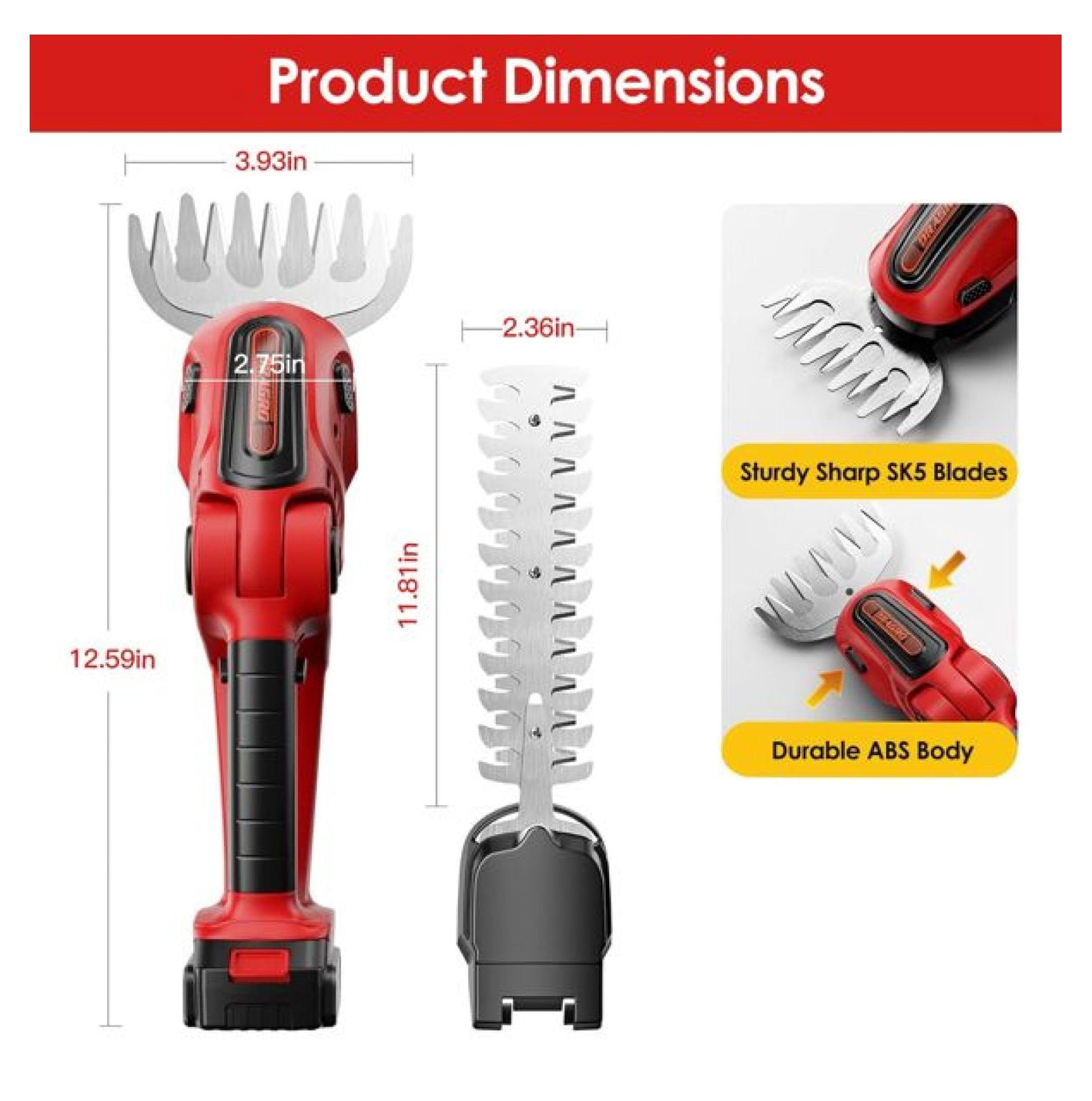 24V Cordless Handheld Grass Shear Hedge Trimmer with 90° Cutting Angle 2Pcs Replaceable Blades Electric Shrub Trimmer Hedge Cutter with Detachable Battery for Garden Lawn