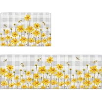 Yellow Flowers Kitchen Mat Set of 2, Cushioned Anti-Fatigue Non-Slip Floor Comfort Mats Kitchen Runner Rug 18x30inch 18x47.2inch for Home, Office, Sink, Laundry, Spring Summer Floral Gray Plaid
