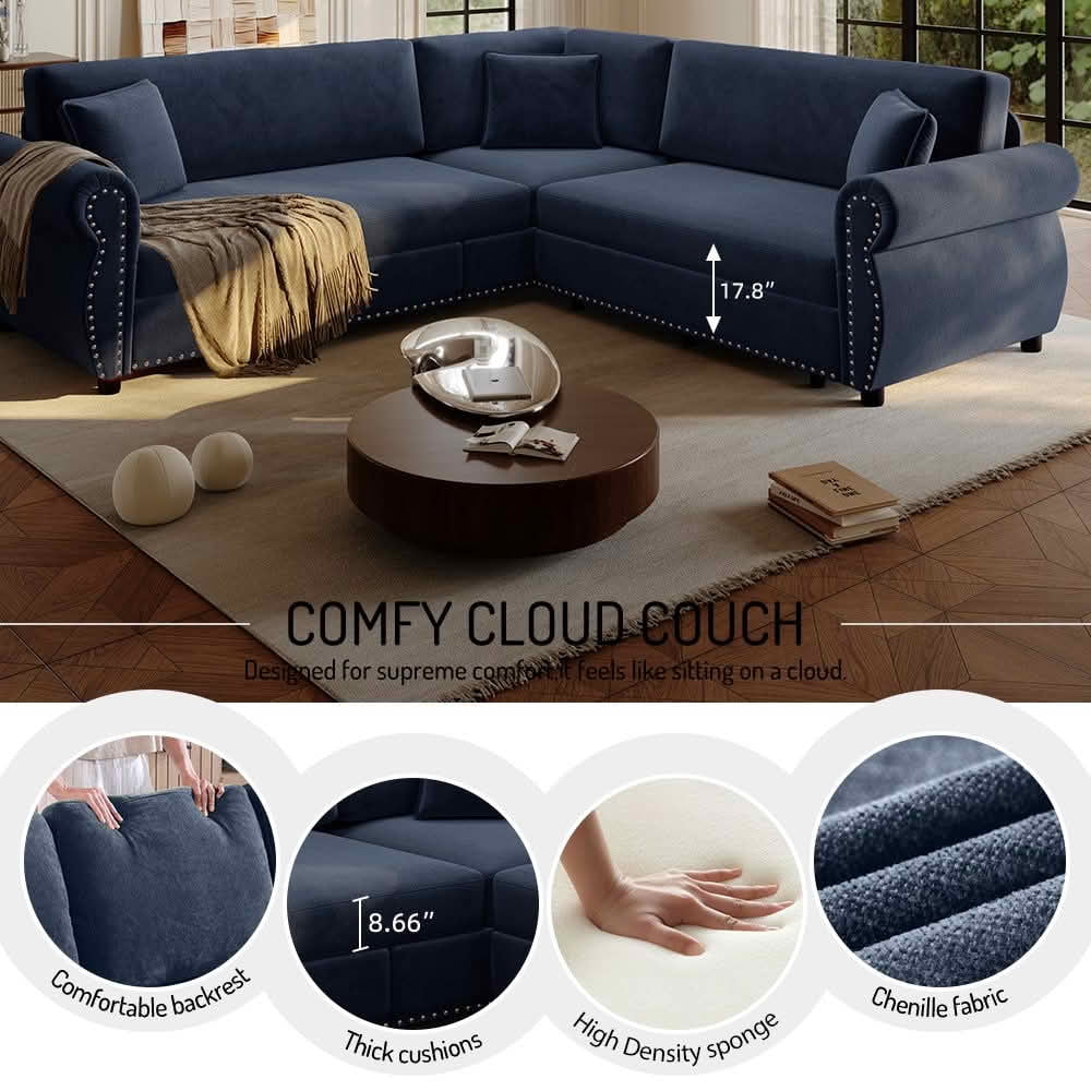 MAYEERTY 88.2" L‑Shaped Convertible Pull‑Out Sofa Bed, Chenille Sectional Couch with Nailhead Trim & Rolled Arms, Multifunctional Sleeper Sofa