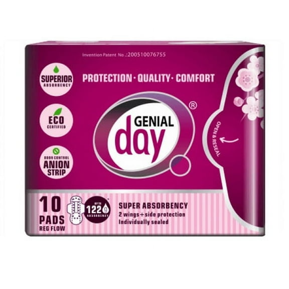 Genial Day Eco-Certified Super Absorbent Regular Flow with Anion Strip 10 Pads Box