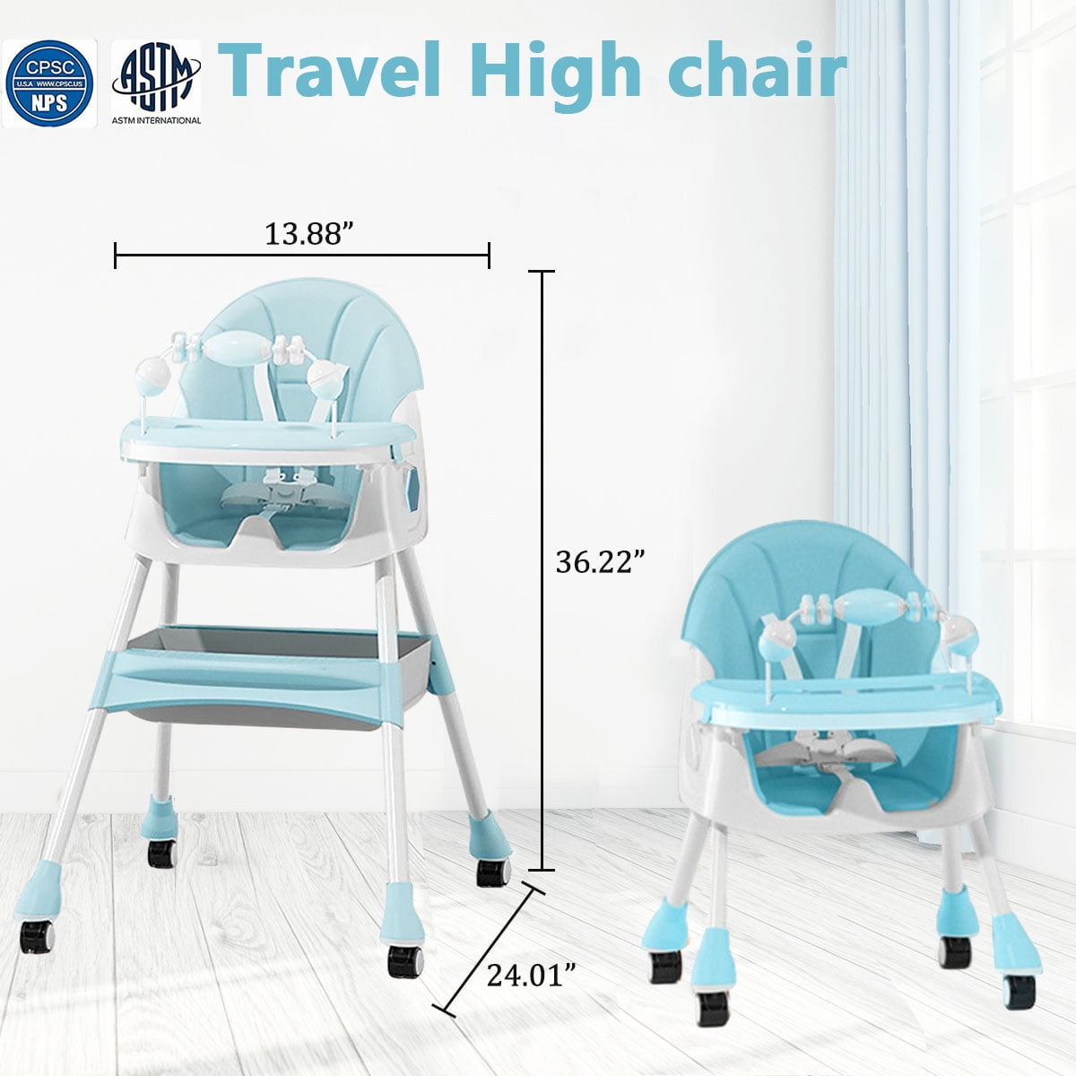 Liyufly 4-in-1 Baby Highchair Adjustable Kid Toddler Dining Chairs Eat & Grow Convertible Chair with 5-Point Harness, Dinner Plate, Light Blue