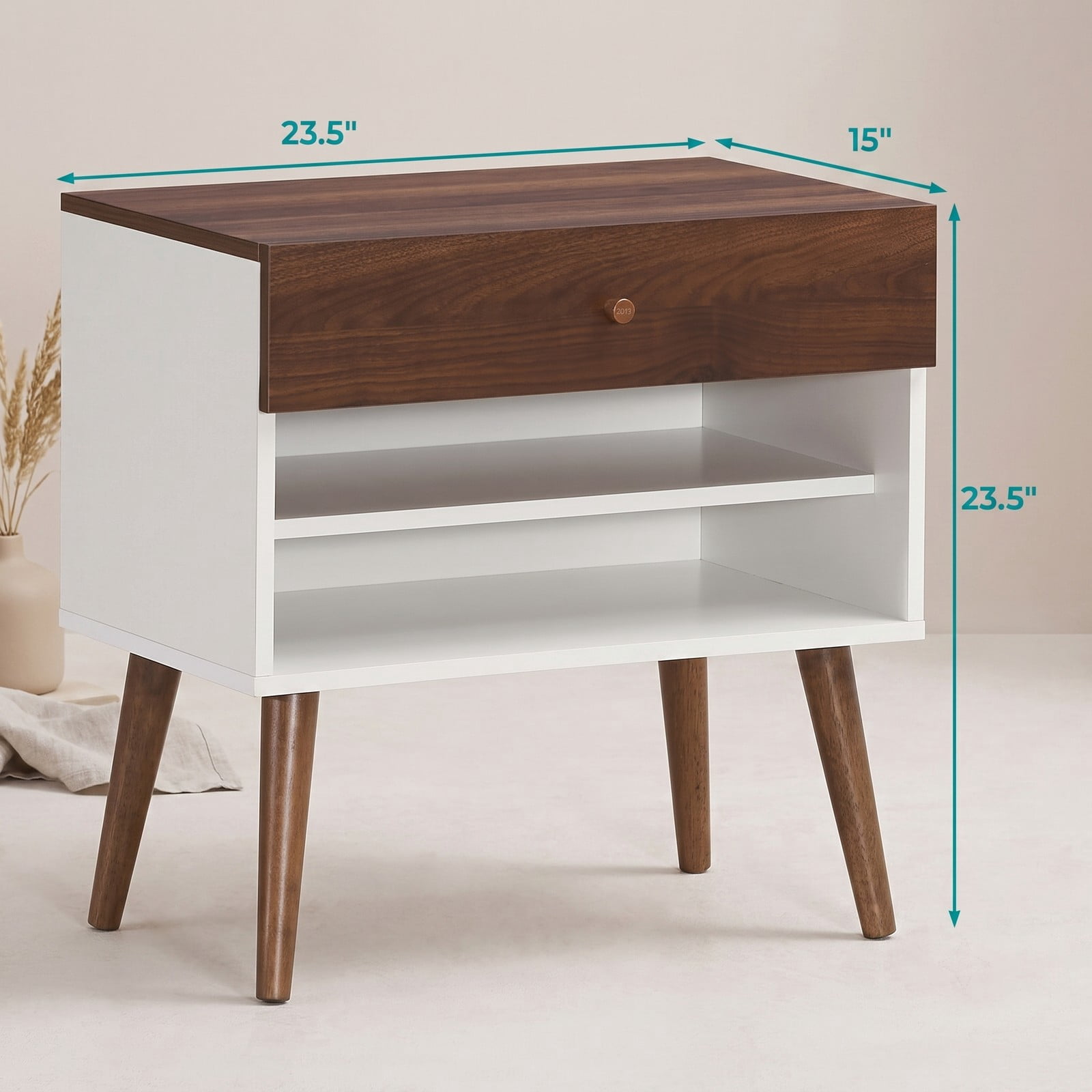 Furnibear Mid Century Nightstand with Drawer and Open Shelf and Rubber Wood Legs for Bedside Storage in the Bedroom, Walnut and White