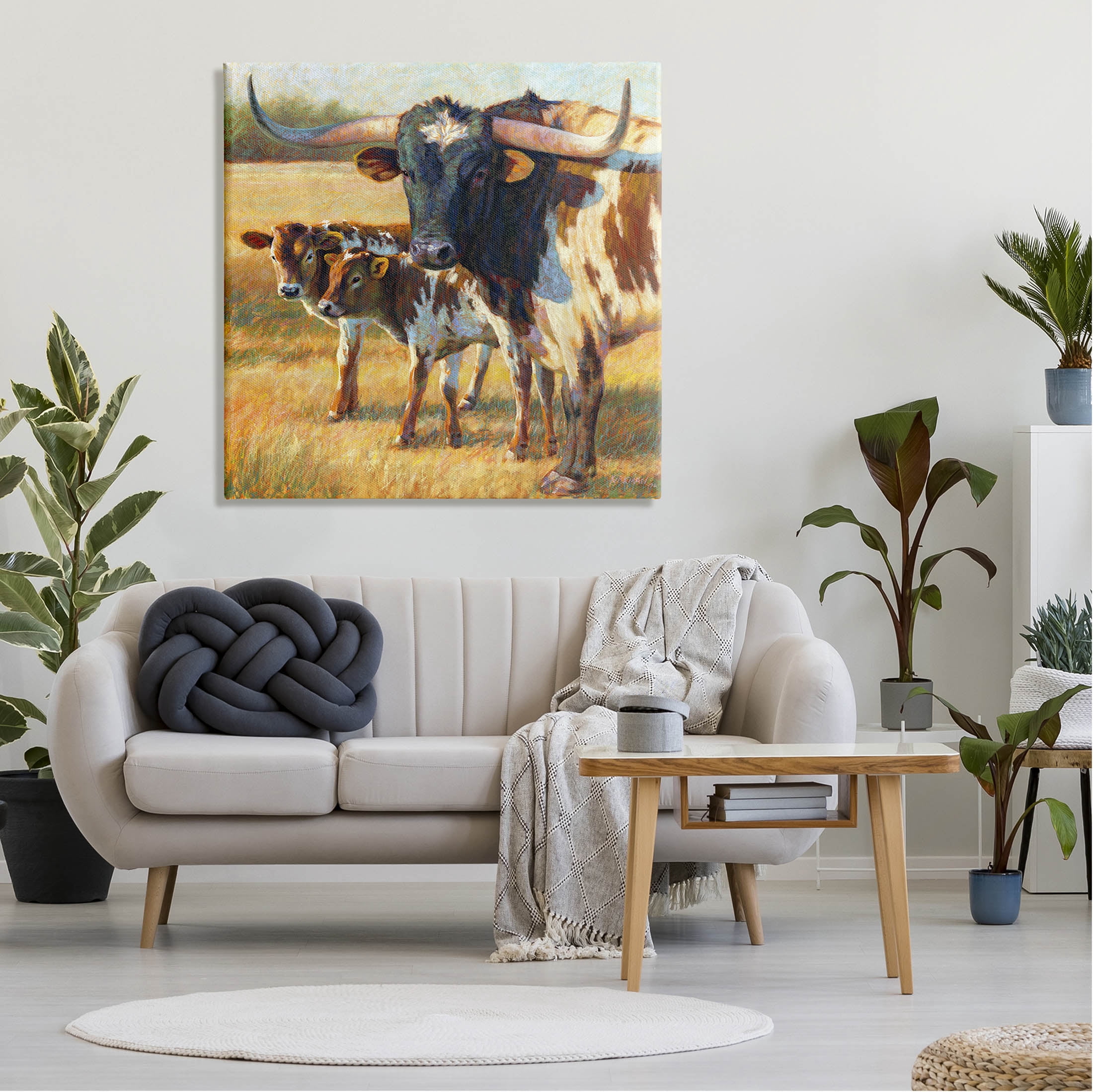 Longhorn Cattle Family Grassland Animals & Insects Painting Gallery Wrapped Canvas Print Wall Art