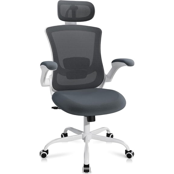 Ergonomic Office Chair with Adjustable Lumbar Support & Headrest, High Back Mesh Desk Chair with Flip-Up Armrests, Breathable & Comfortable Computer Chair for Home, Office & Study –Grey