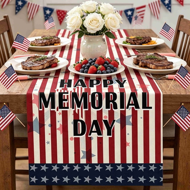 Uklsqma Independence Day Patriotic Table Runner, Multicolor Linen Table Linen Decor, 183 x 33 cm, for Dining Table Home Party Decoration
