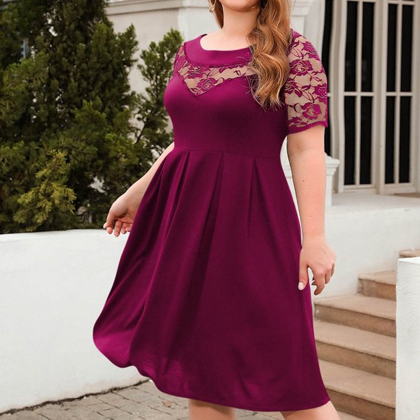 WILLBEST Vestido Portátil De Mujer De Talla Grande, De Manga Corta, Con Encaje, Midi, Plisado, Informal, De Verano, Fluido, Con Bolsillos
