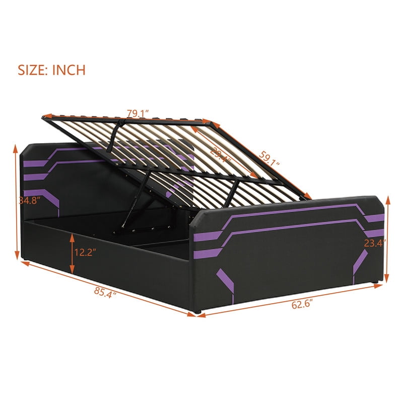 Queen Size PU Leather Gaming Bed Frame with Hydraulic Storage, Cyberpunk Style Platform Bed with Futuristic Pattern Headboard