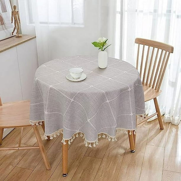 Nvzi Mantel de lino y algodón con borlas para mesa de cocina, comedor, manteles antiarrugas (gris, redondo de 60 pulgadas)