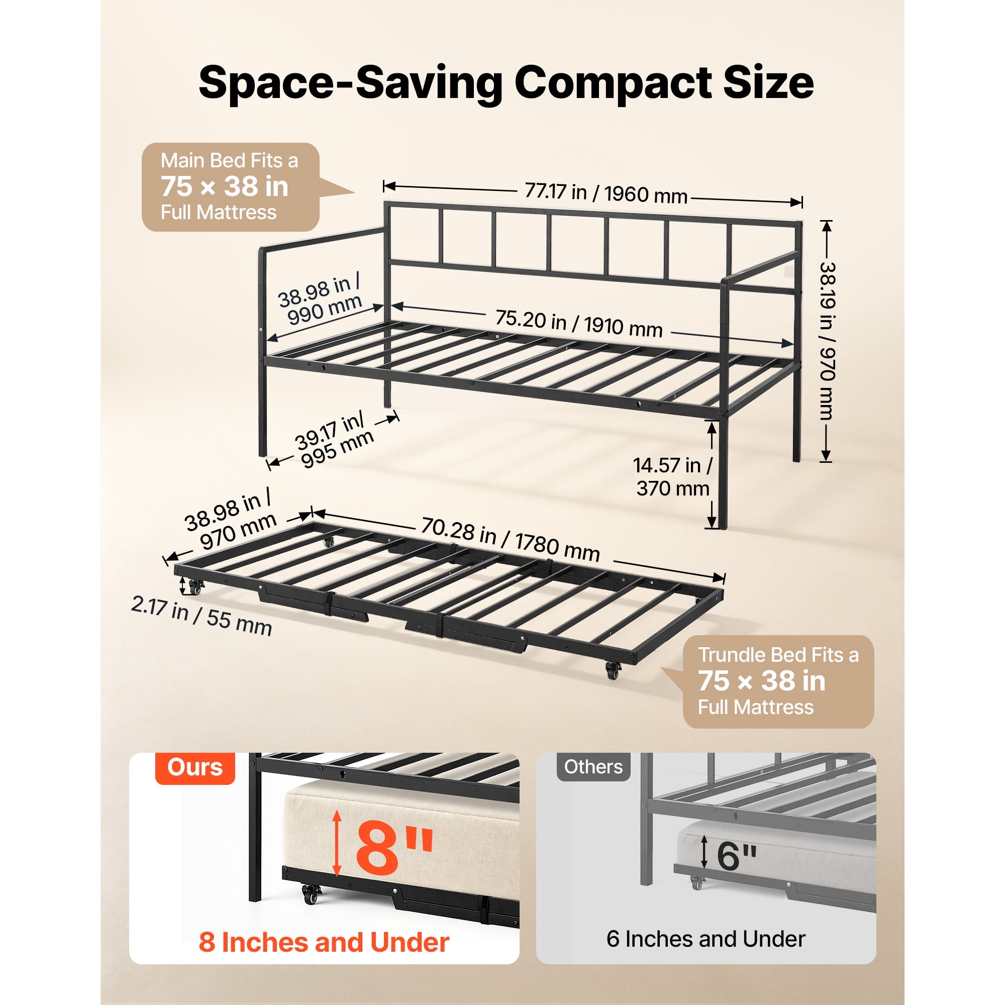 KFFKFF Twin Daybed with Pop-Up Trundle Metal Frame, Ideal for Living Room, Bedroom, or Guest Room, Space-Saving Design, Durable Metal Construction, Lockable Wheels, Simple Assembly, Black
