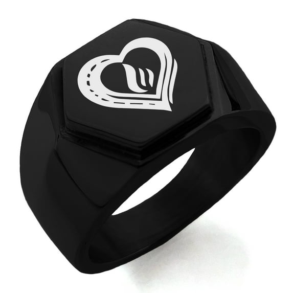 Stainless Steel Life Magic Rune Engraved Hexagon Crest Flat Top Biker Style Polished Ring