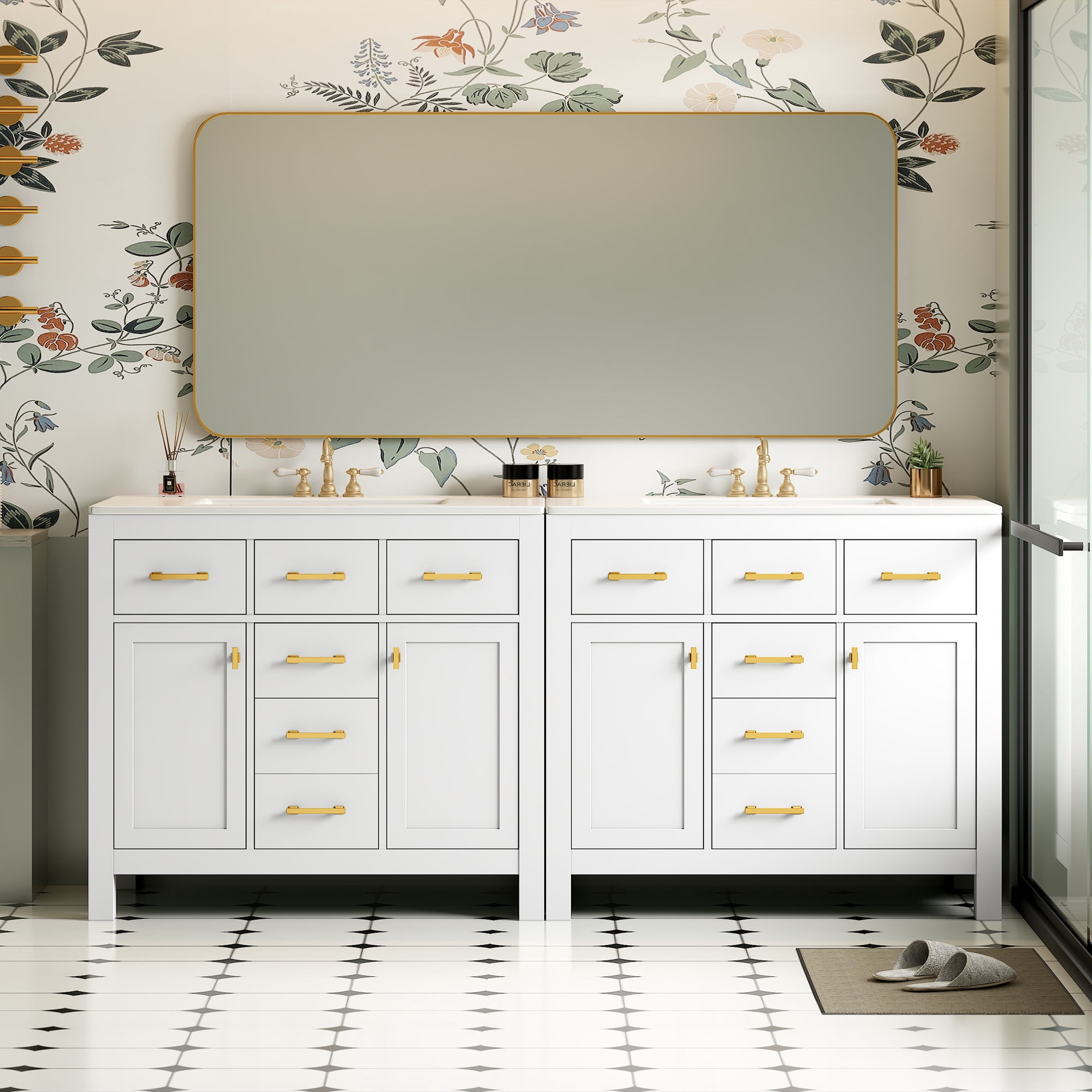 Euroco 72'' Bathroom Vanity with Ceramic Sink Combo Set, Modern Freestanding Single Bathroom Cabinet with 4 Drawers & 2 Cabinets,Storage Cabinet for Bathroom