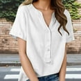 thumbnail image 2 of Sevevn Women's Linen Cotton Short Sleeve Henley Shirt Casual V-Neck Button Front Summer Blouse White XL, 2 of 9