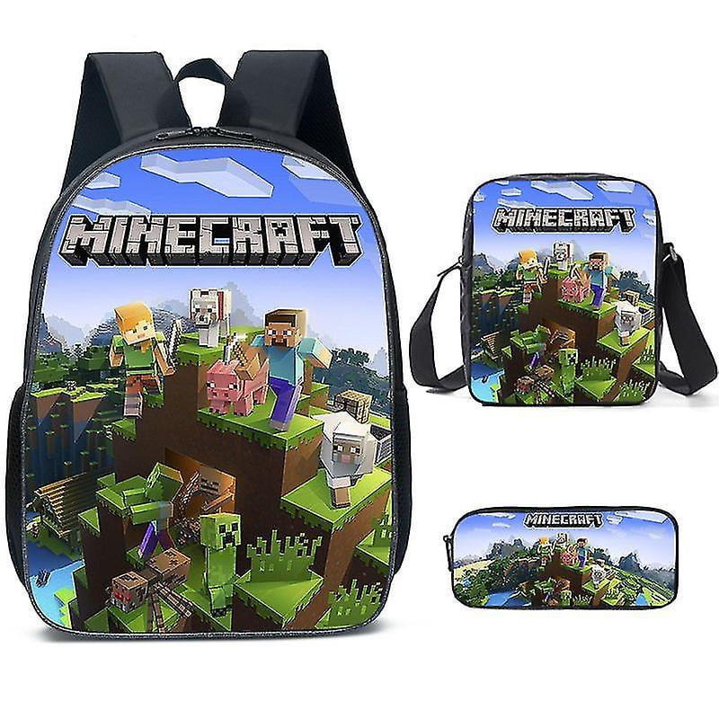 Yayug 3pcs Minecraft School Bag Backpack For Boys Kids Backpacks With Messenger Bag And Pencil Case