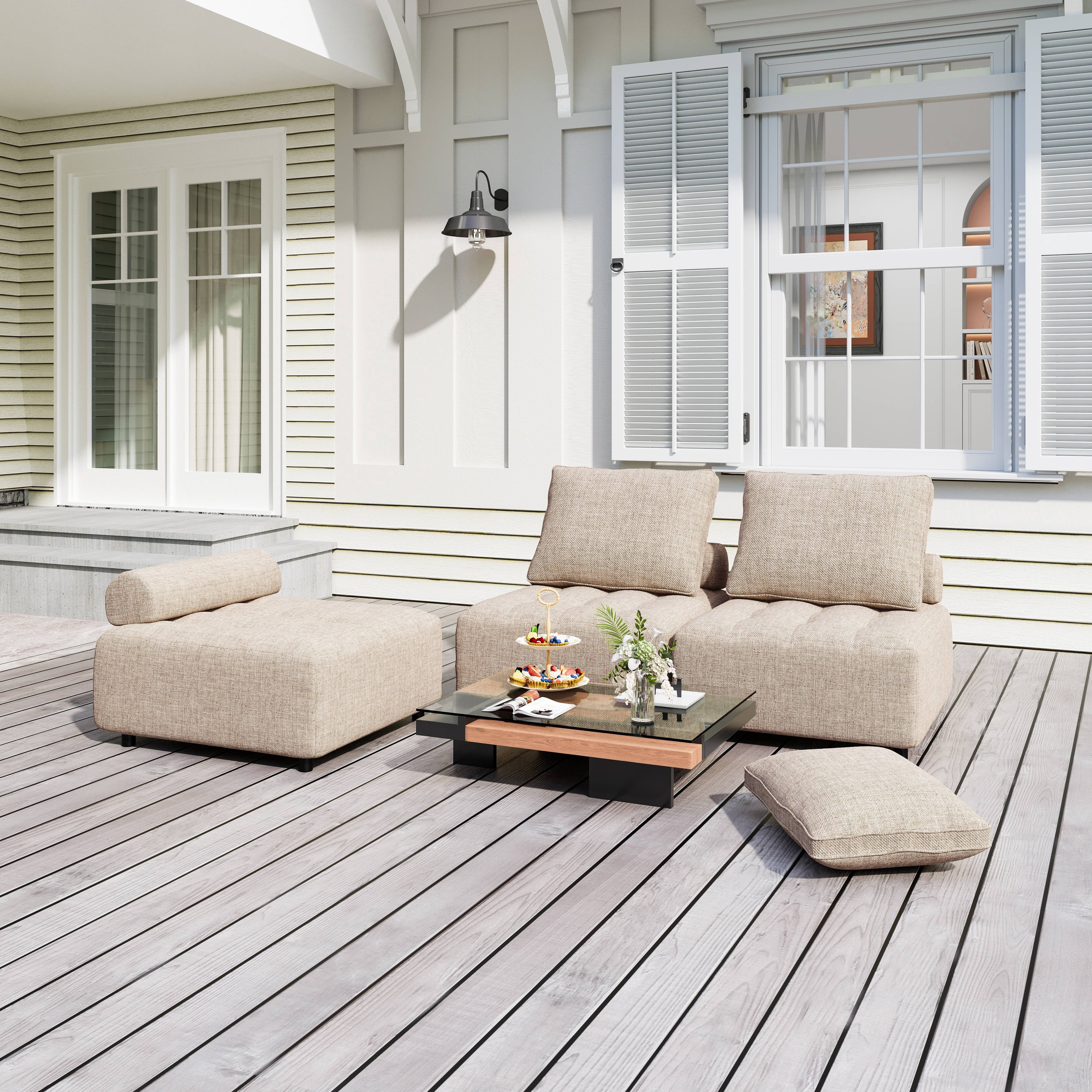 PORKISS 3-Piece Outdoor Sectional Sofa Set, Modern Patio Furniture with Aluminium Frame, Support and Back Cushion, Modular Couch with Waterproof Sofa Cover for Living Room, Balcony, Light Brown