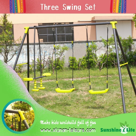 Outside Swing Set, 3 in 1 Metal Swing Set with Height Adjustment Swing Chair and Glider, 3-4 Kids Outdoor Swing Set Outdoor Games