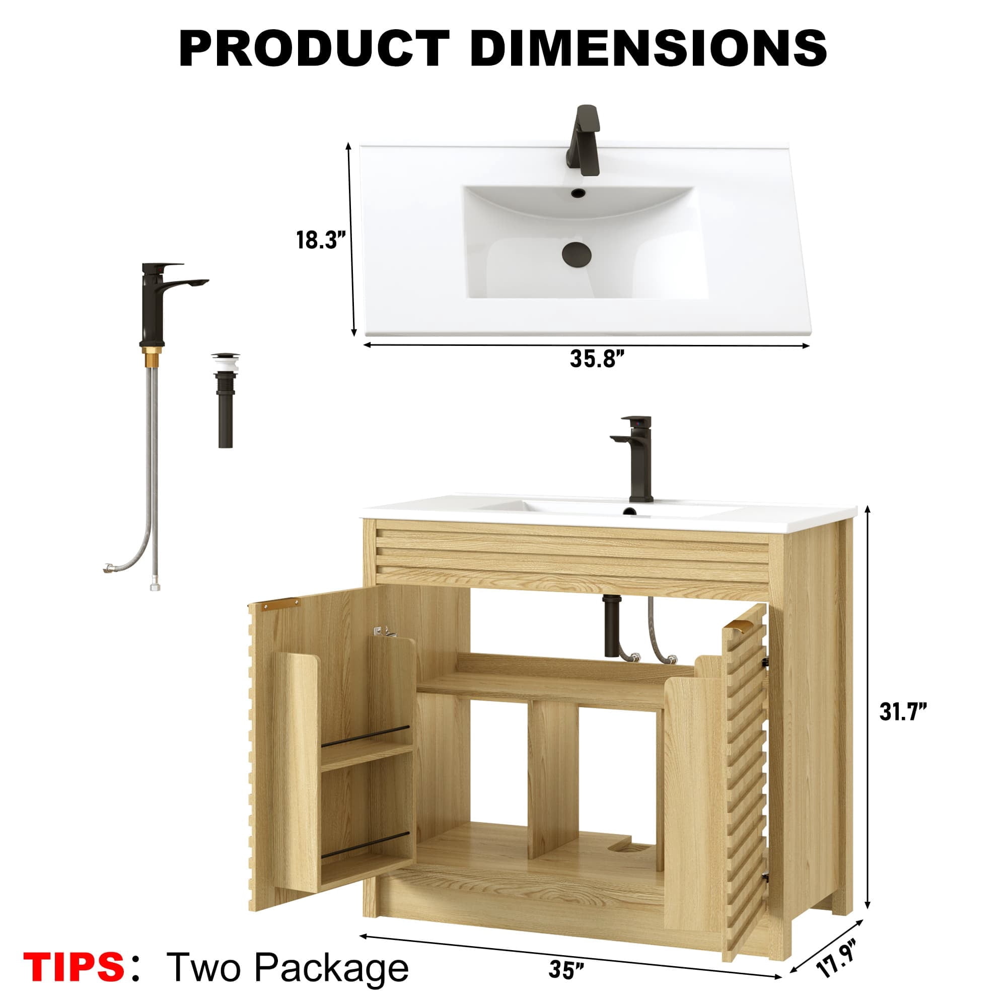 36" Modern Bathroom Vanity with Sink and Faucet Combo, Double Fluted Door Vanity Set, Ceramic Integrated Basin, 6-Tier Smart Storage Organization