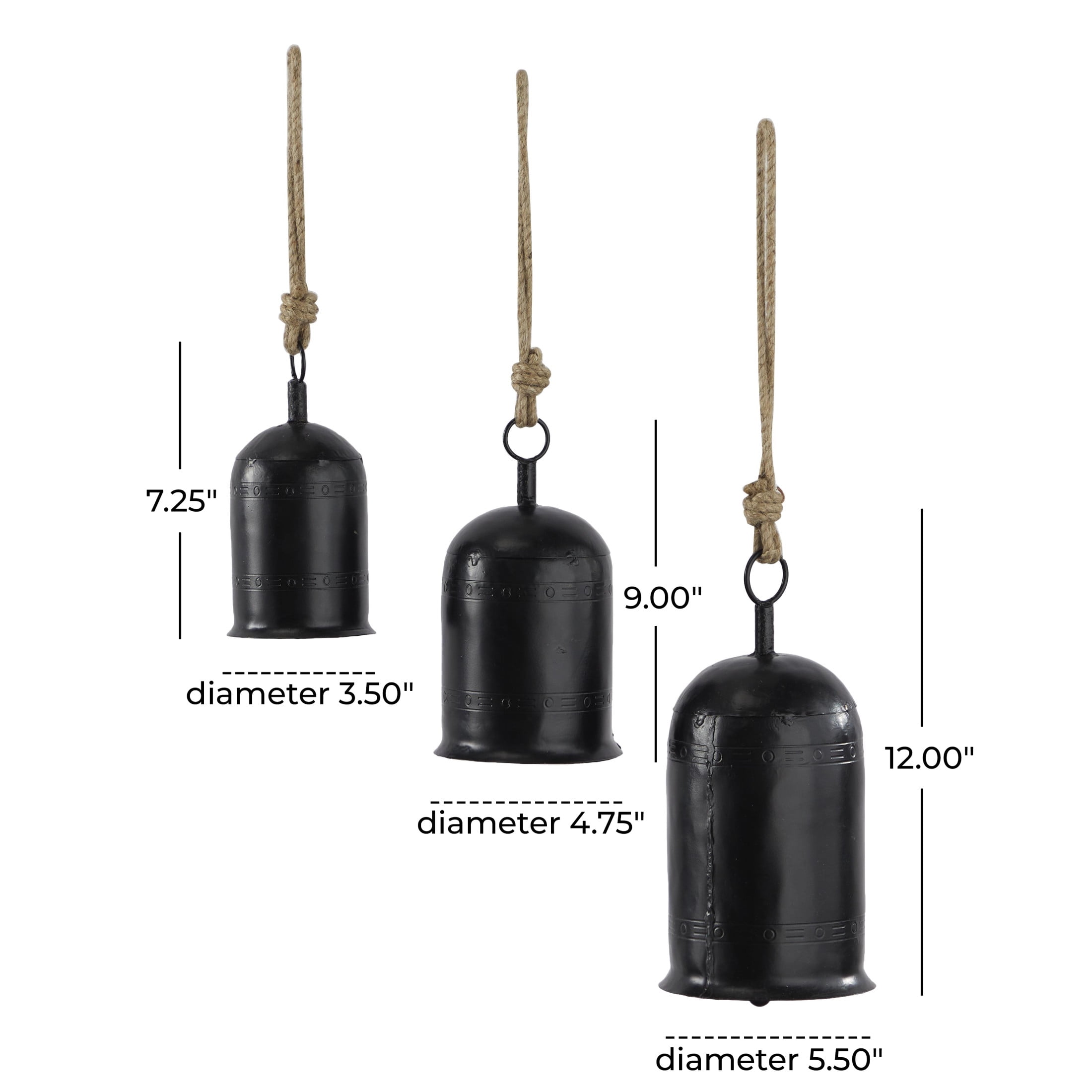 DecMode Tibetan Inspired Black Metal Cylindrical Decorative Cow Bells with Jute Hanging Rope, 3 Count