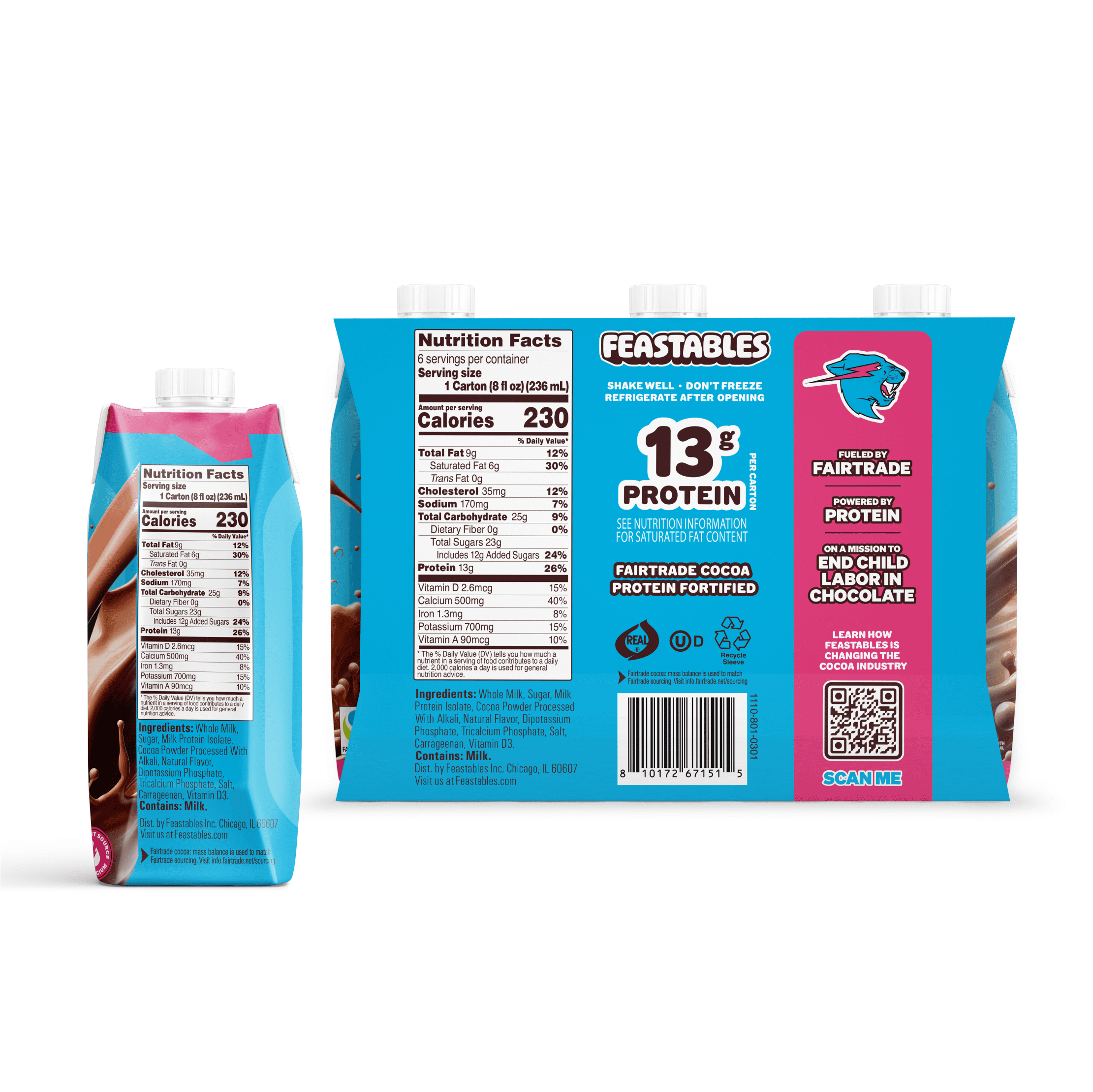 Feastables Protein Fortified Chocolate Milk, Shelf-Stable, 8 fl oz, 6 Pack