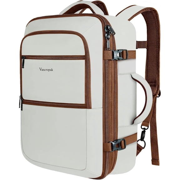 Vancropak Expandable Carry On Backpack, 40L Flight Approved Travel Backpack with Anti-theft Pocket for Men Women, White