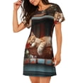 thumbnail image 2 of Easygdp Cat Asleep Among Flowers Camisón de manga corta para mujer, informal, estampado, 2 of 6