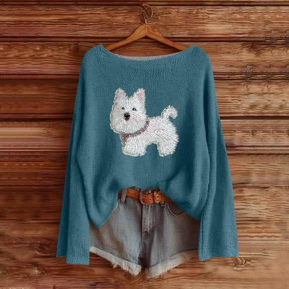 Blmnix Dog-Print Womens Boho Tops Pullover Knitted T Shirts Boat Neck Blue Long Sleeve Birthday Shirt,S