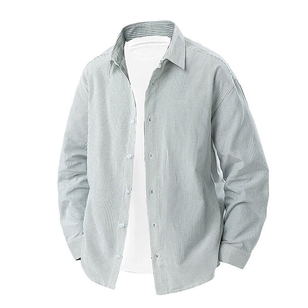 pstuiky camisetas de manga larga para hombre, Camisa informal de manga larga con solapa y botones a rayas para hombre. Tops de talla grande para hombre m