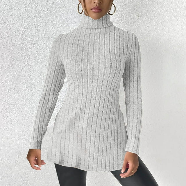 Chandail Col Roulé à la Mode pour Femmes Taille Fine Fente Inférieure Manches Longues Chandail Col Roulé Manches Longues