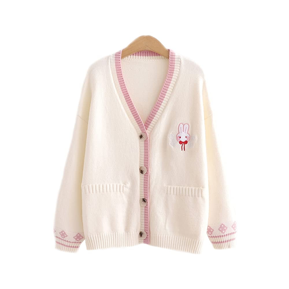 HAORUN Women Kawaii Rabbit Embroidered Cardigan Sweater Button Down ...
