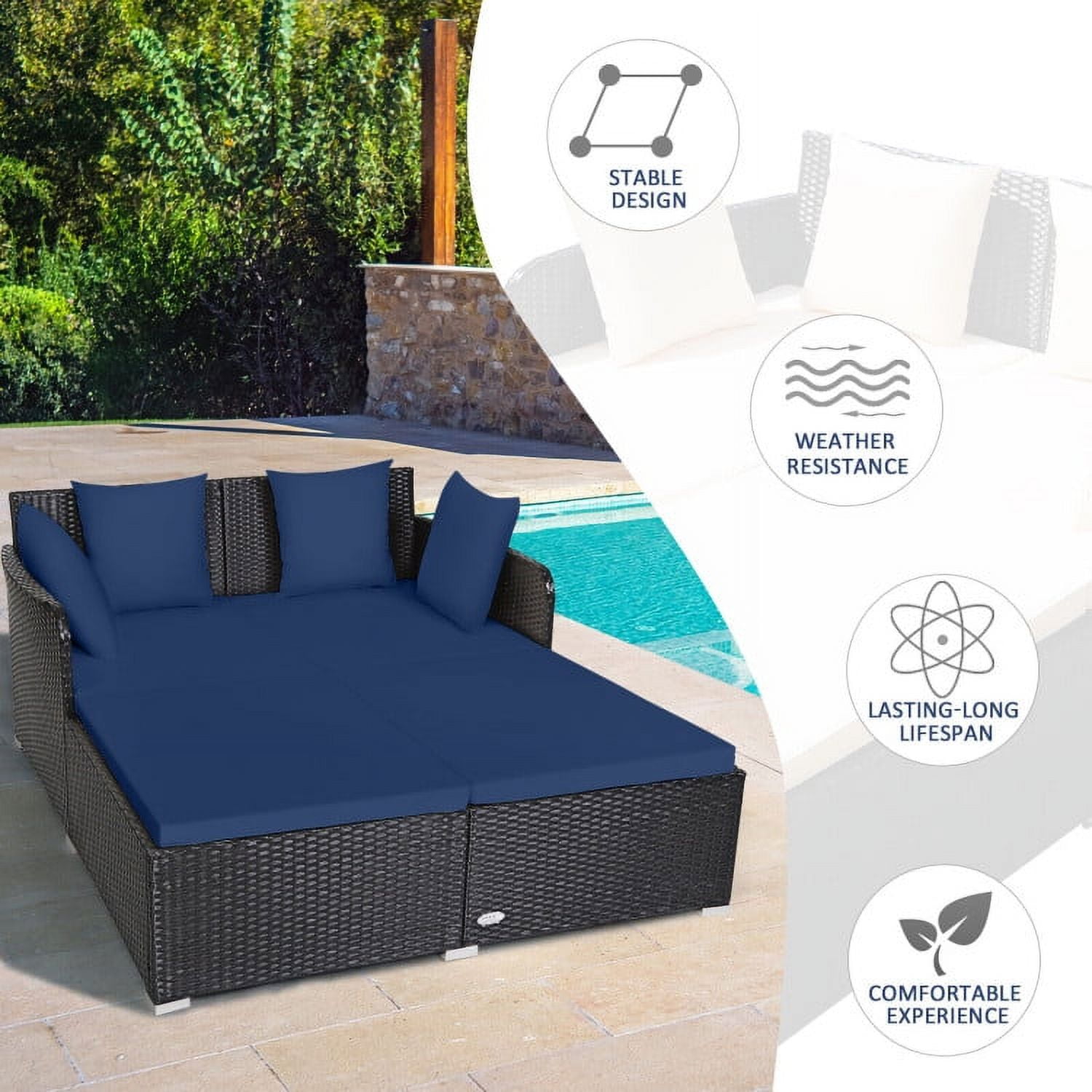 Aimee Lii Spacious Outdoor Rattan Daybed with Upholstered Cushions and Pillows, Outdoor Deck Furniture, Navy