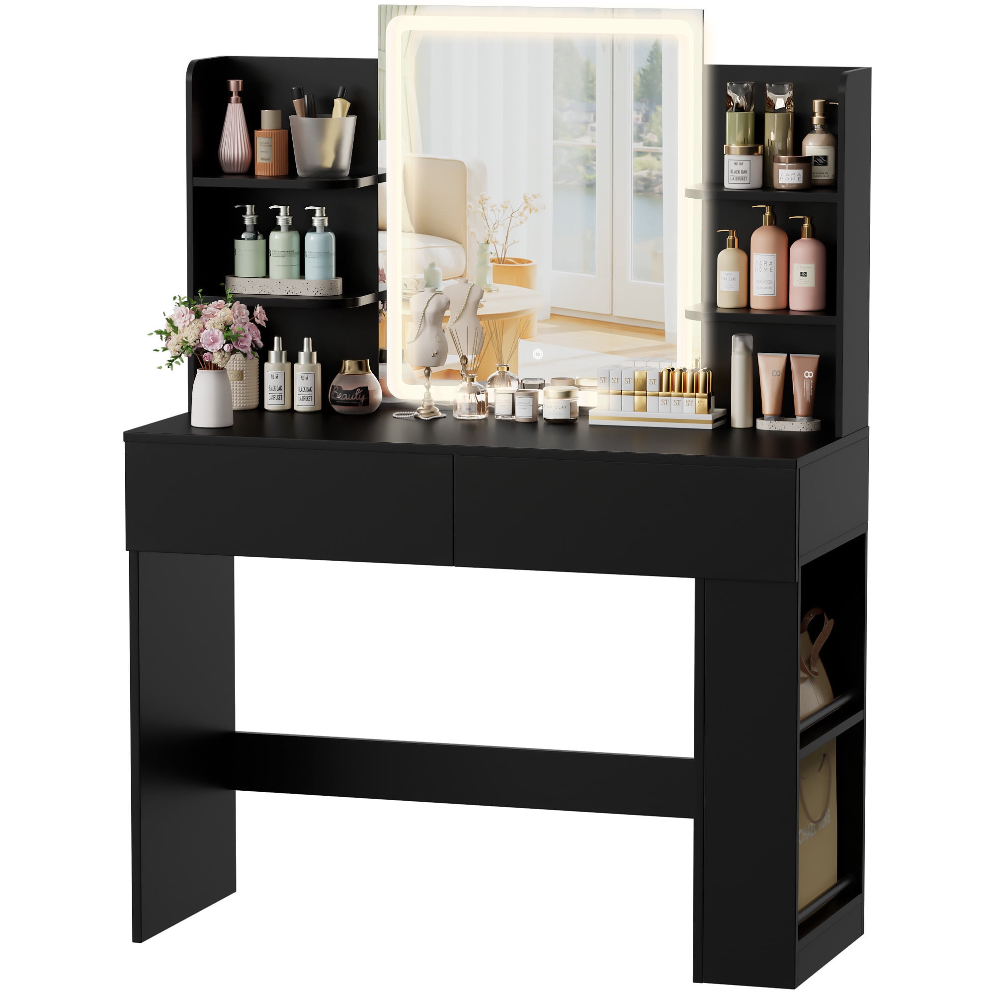 Homall Vanity Desk with 3 Colors LED Lighted Mirror, Makeup Vanity with Storage Shelves and Drawers, Vanity Table Dressing Table for Bedroom, Black
