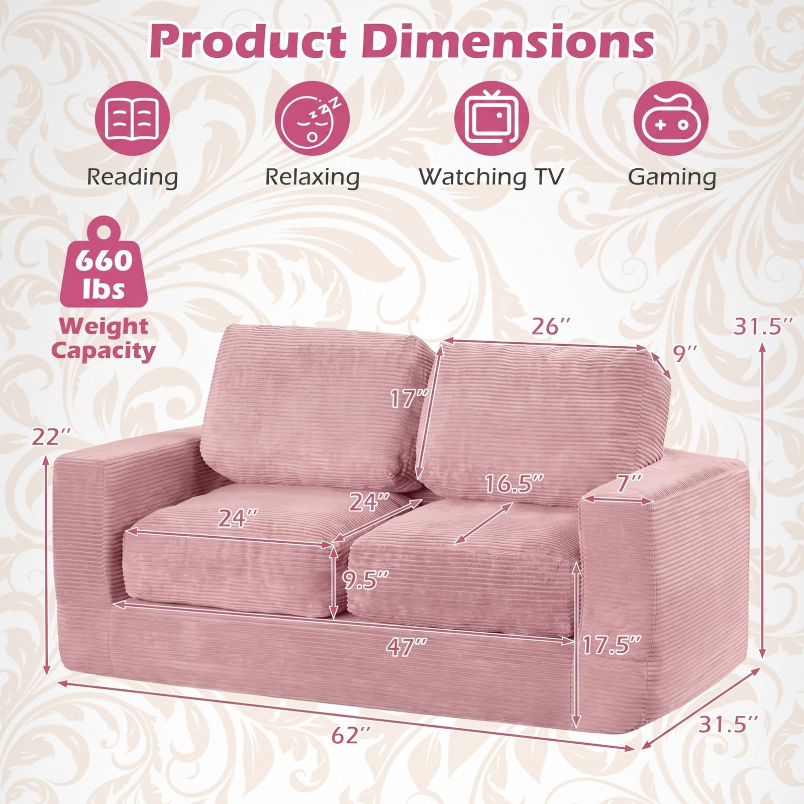 Furnibear 2-Seater Floor Couch Loveseat, Convertible Foam Sofa Lazy Couch with Removable Corduroy Cover, High-Density Sponge Filled Sofa Bed for Living Room, Pink
