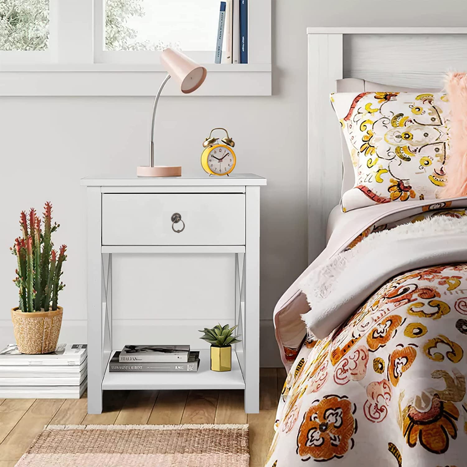 UBesGoo Night Stands for Bedroom Rustic Nightstand Bedside End Tables with Drawer Storage,White