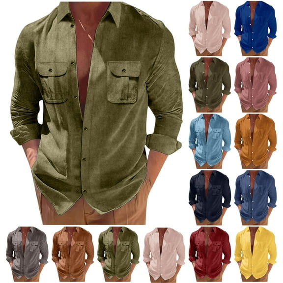 DDAPJ pyju Mens Corduroy Button Down Shirt Casual Stylish Long Sleeve Shirts Fall Casual Shacket Western Shirt Jacket with Flap Pockets Army Green XXL