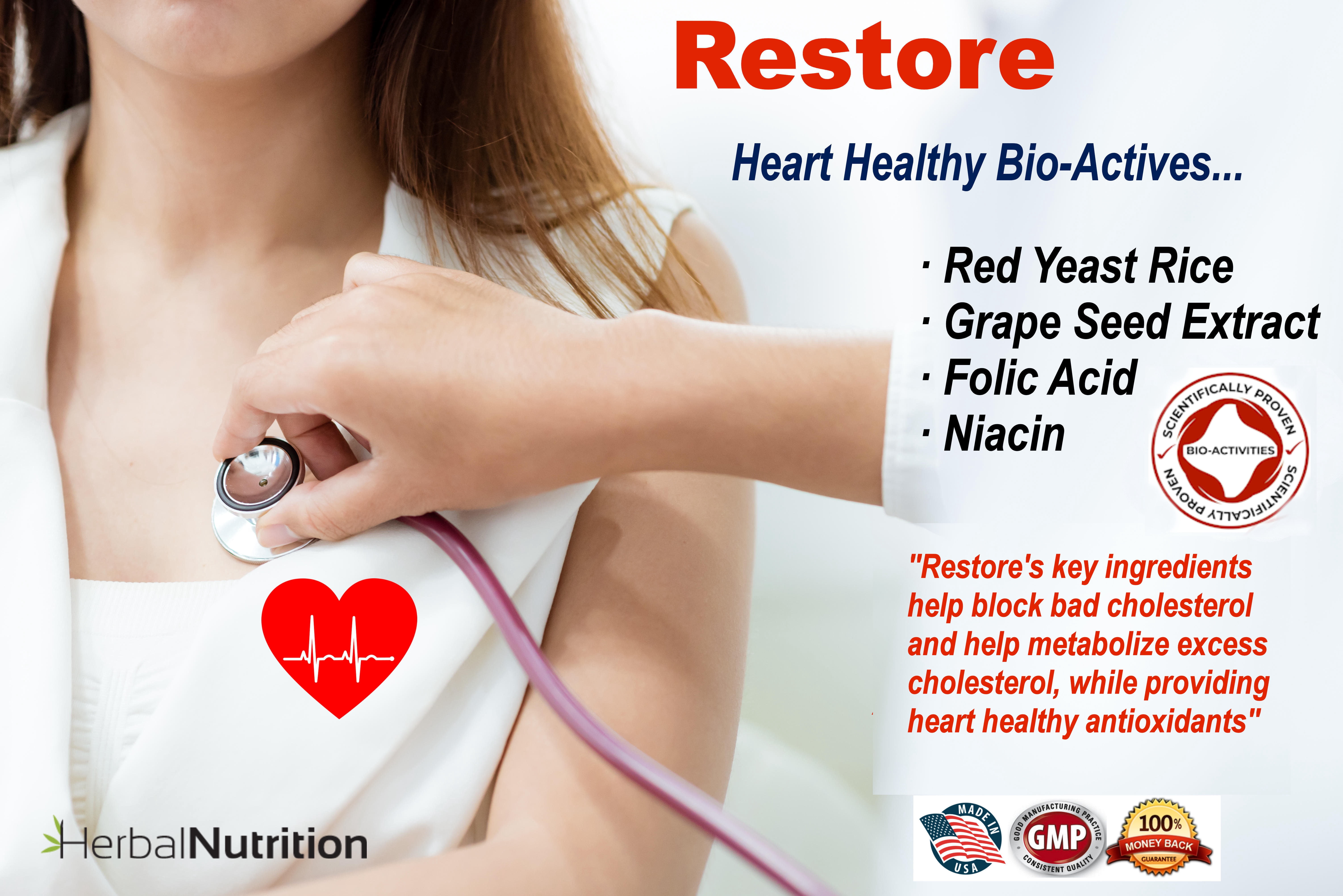 Restore - Supports Healthy Cholesterol, Red Yeast Rice, Grape Seed, Folic Acid for Advanced Lipid Control, All-Natural Bio-Actives, Helps Promote Healthy Cholesterol (One Bottles)