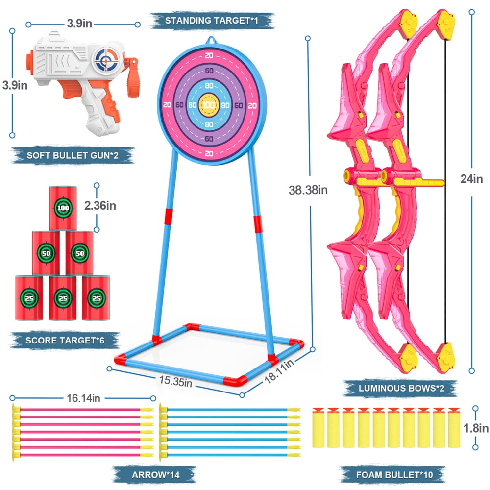 Growsly 2 Pack Bow and Arrow Set for Kids, Light Up Archery Set with 14 Suction Cup Arrows, Archery Targets Outdoor Games for Kids Ages 4-8 8-12 Years Old Kids