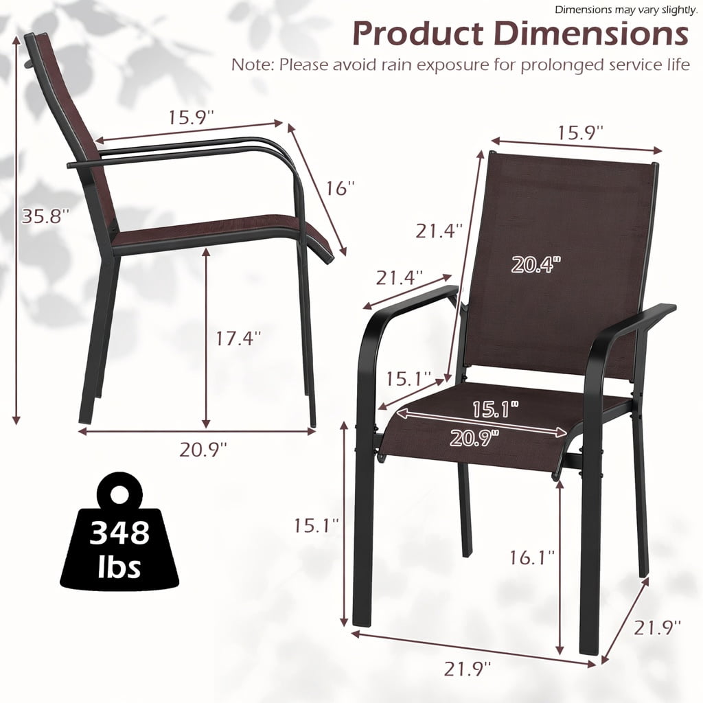 Hommoo Stackable Outdoor Patio Dining Chairs Set of 2, Modern Metal Armchairs with Breathable Mesh Back, Easy Assembly for Deck, Balcony & Garden, Coffee