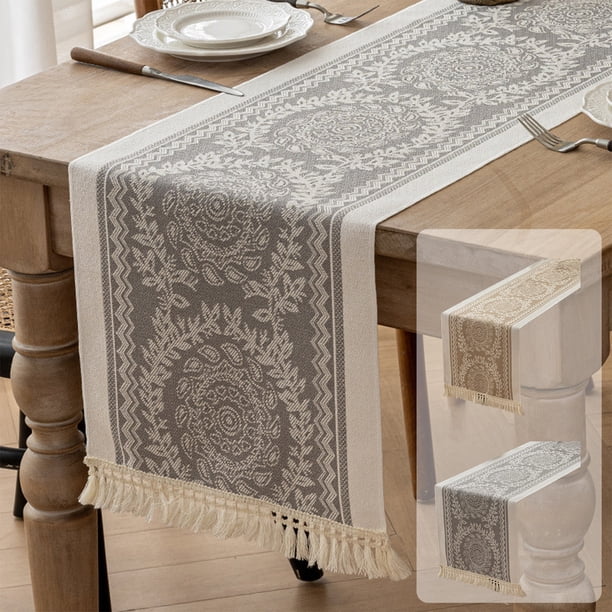 Camiño de mesa vintage 120x30cm - Mantel individual de poliéster con aislamiento térmico de aspecto lino con borlas • Mantel de mesa para comedor y té • Multicolor