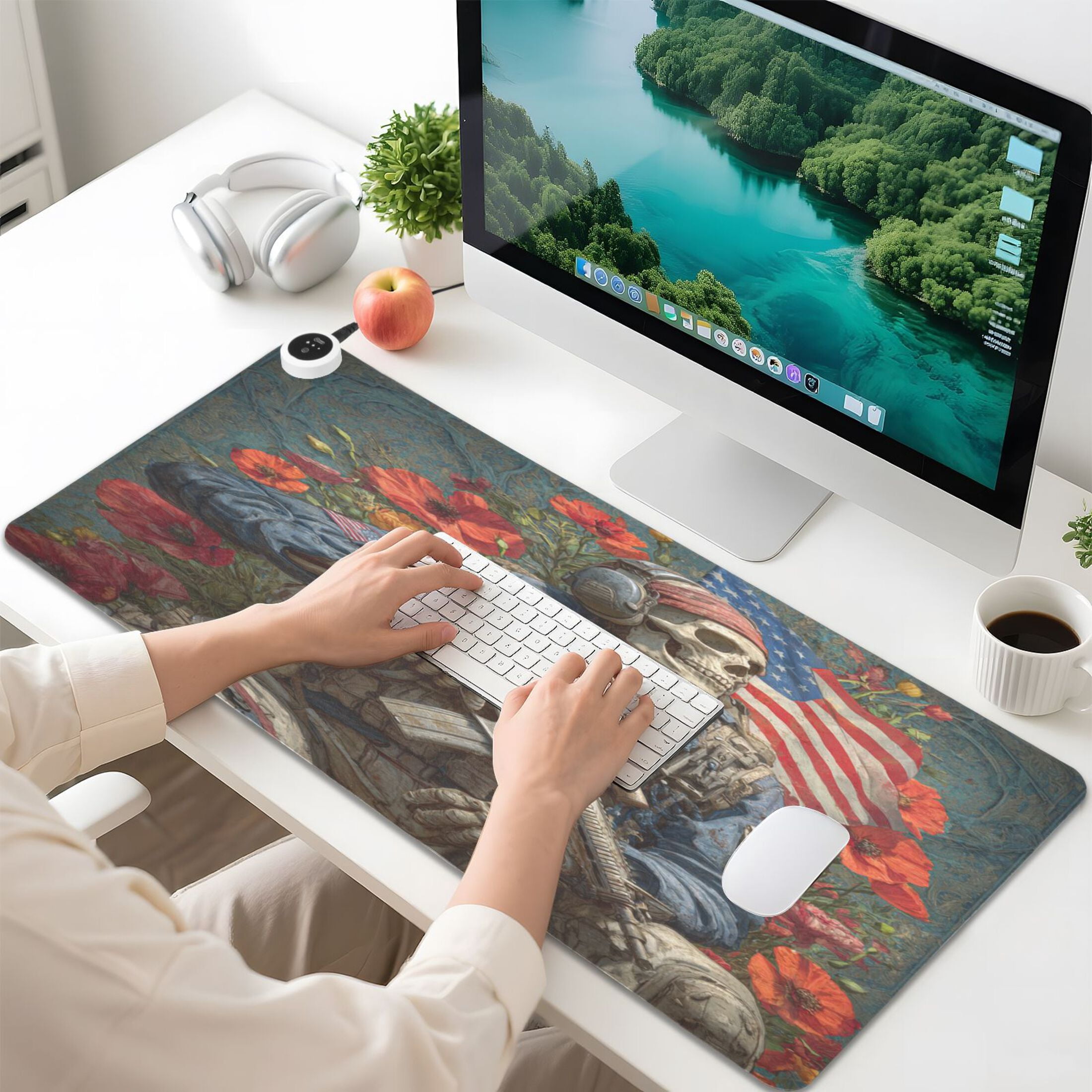 Large Heated Desk Mat Mouse Pad 31.5"x13"PU Leather Graphene Heating Desk Warmer with 3 Temperature Settings 110V US Plug Non-Slip Warm Pad for Home, Office, and Gaming Soldier Skull and Flowers