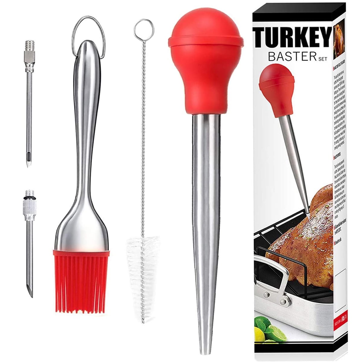 Stainless Steel Turkey Baster Set Heat-Resisting Turkey Chicken Baster Syringe Kits Meat Silicone Pump Injector for BBQ,L&S 2-Needle Tips. RED 