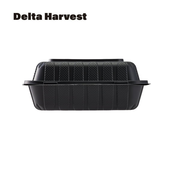 Delta Harvest 8"x8"X3" MFPP Black Hinged Disposable Food Container with Lid, Hinged Clamshell Design, Takeout Box, Pack of 200