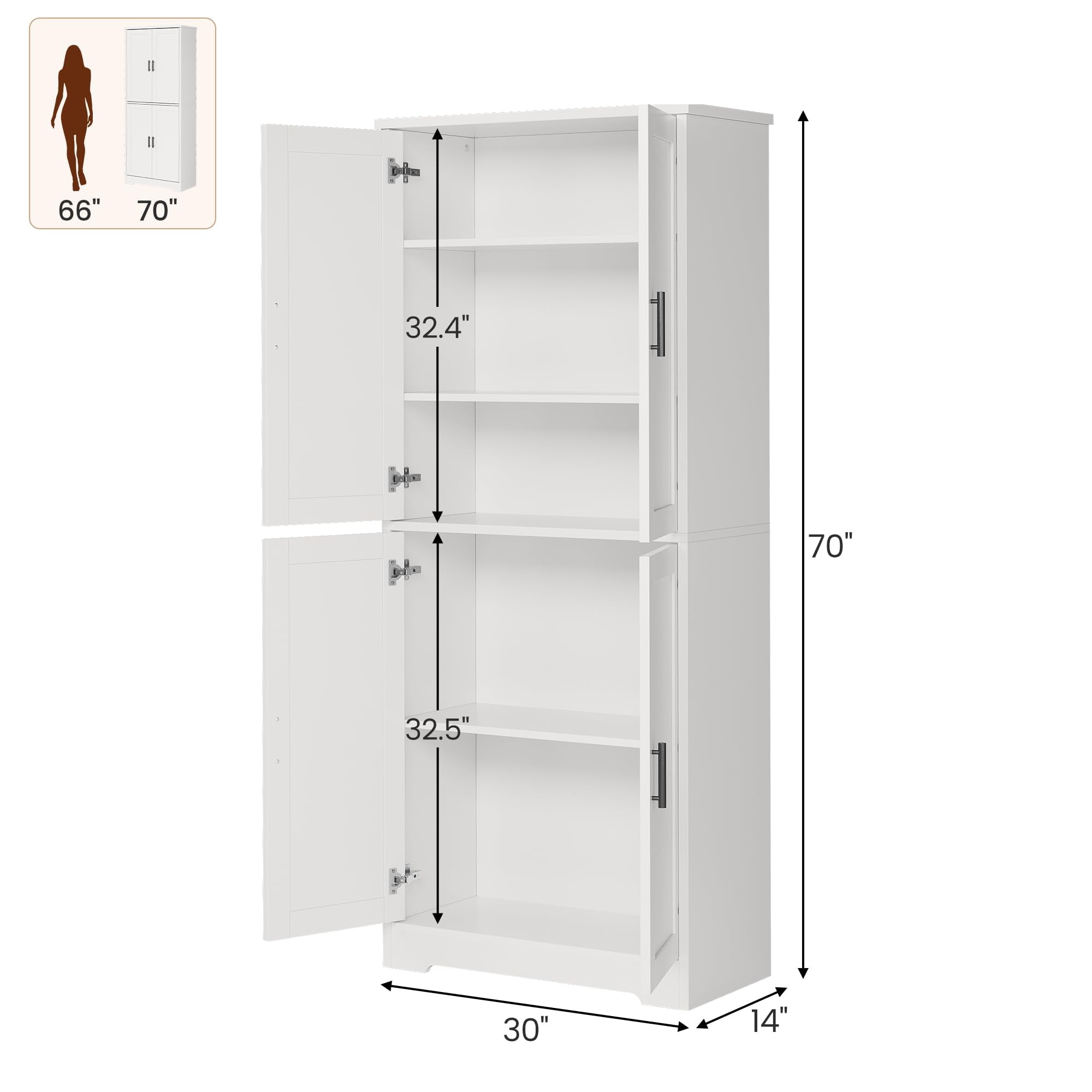 Accreate Tall Kitchen Pantry Cabinet, 70'' Storage Cabinet with 4 Doors and Adjustable Shelves, Freestanding Large Utility Storage Cupboard for Dining Room, Bathroom, Living Room