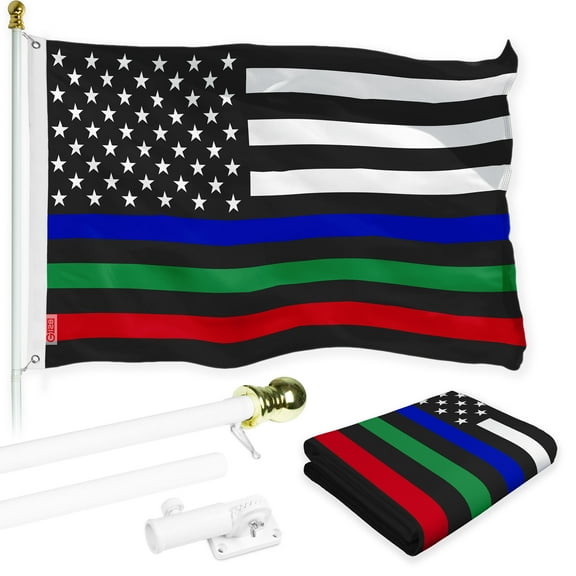 G128 Combo Pack: Flag Pole 6 FT White Tangle Free & Thin Blue Green Red Line Flag 3x5 FT Brass Grommets Printed Polyester (Flag Included) Aluminum Flag Pole