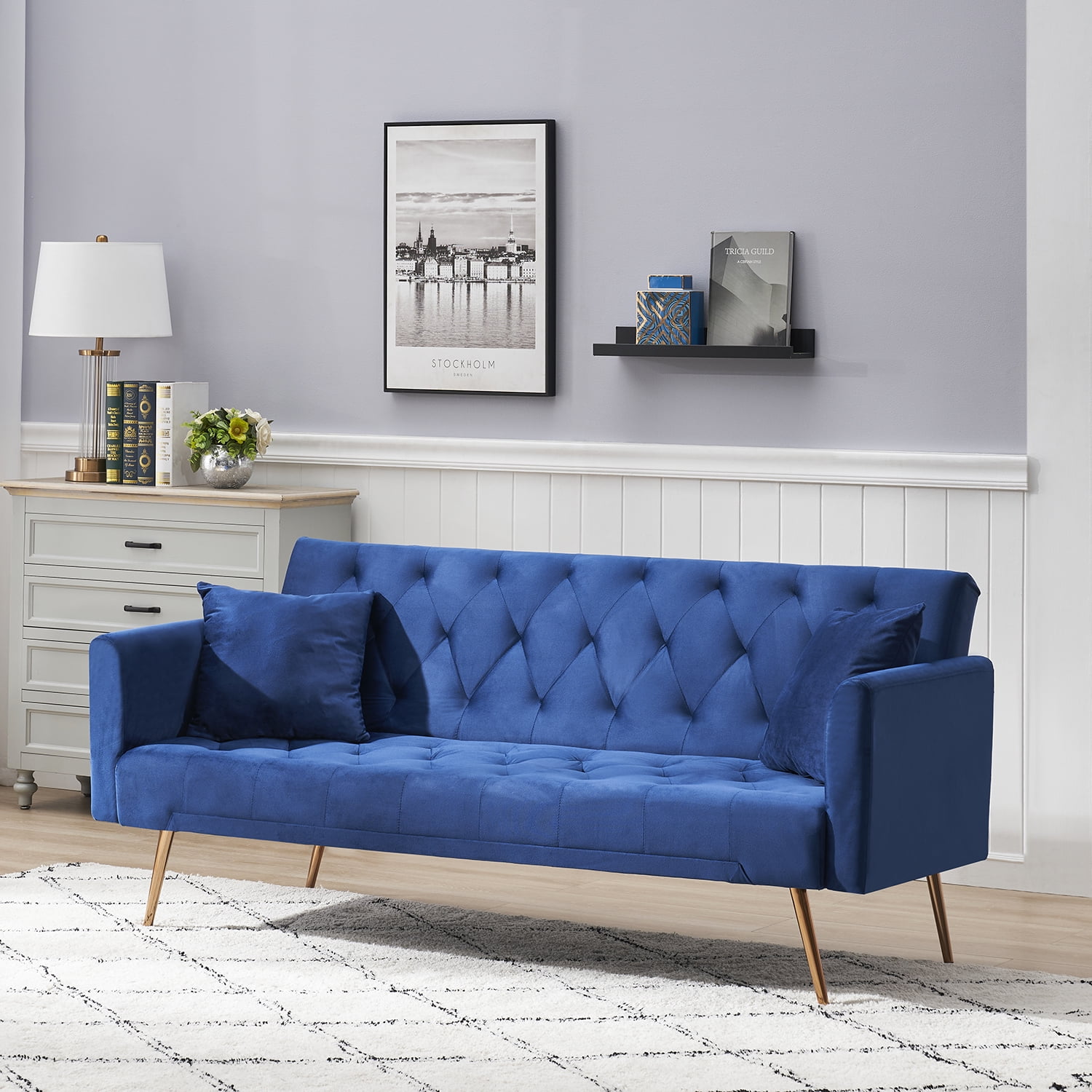 Kadyn 71" Futon Couch, Convertible Double Sofa Bed for Compact Living Space, Modern Velvet Futon Sofa Bed for Living Room, Blue