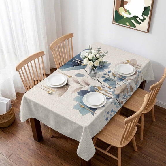 Navy Blue Floral Table Cloth Waterproof Tablecloths, Watercolor Flowers Farmhouse Linen Tablecloth Dining Table Cover for Kitchen Party Tabletop Outdoor, Rectangle Tablecloth 60x102 Inch