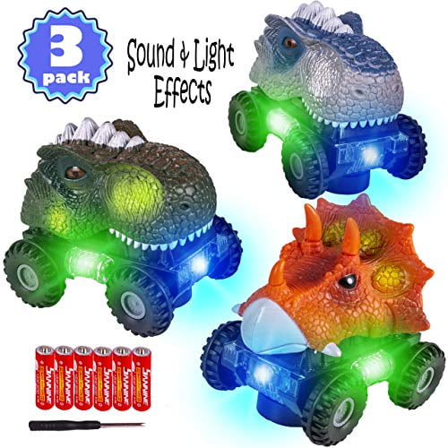3 Pack Dinosaur Cars with LED Light Sound Dino Car Toys Car Gifts Animal Vehicles for Boys Girls Toddles Kids Christmas Birthday Gifts Teacher Classroom Prize 