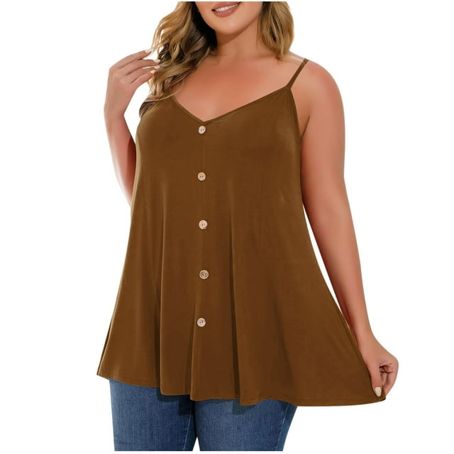 Womens Plus Size Flowy Camisoles Summer Buttons Spaghetti Strap Tank Tops Loose Trendy Sleeveless Tops Brown, 5XL
